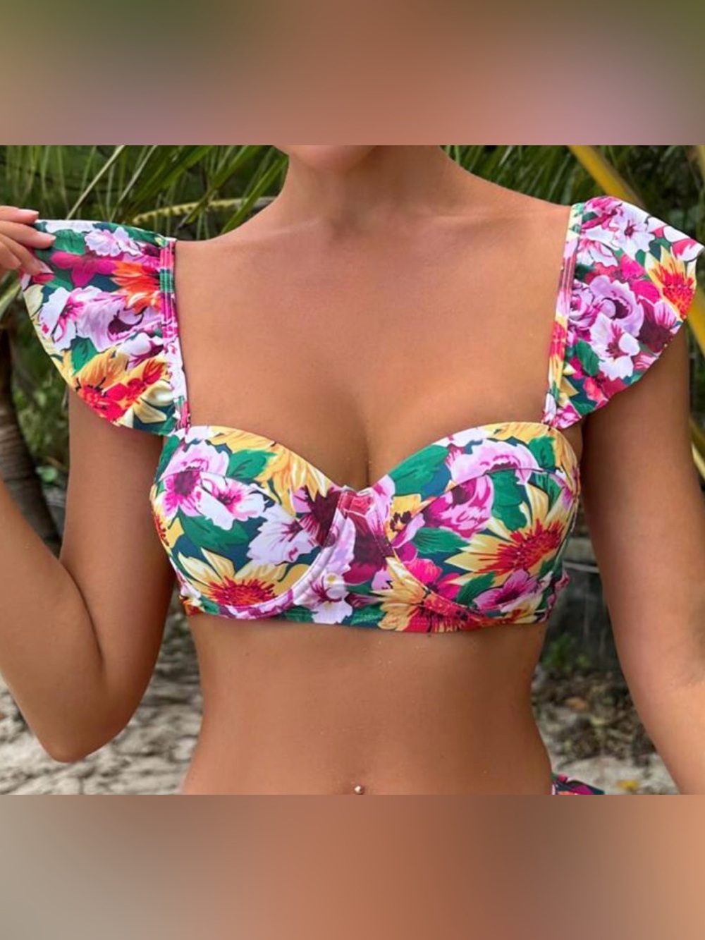 Floral print ruffled cap sleeve bikini top NWOT